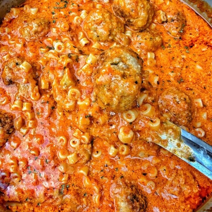 Creamy sun-dried tomato pesto meatballs with ditalini pasta in a rich tomato cream sauce
