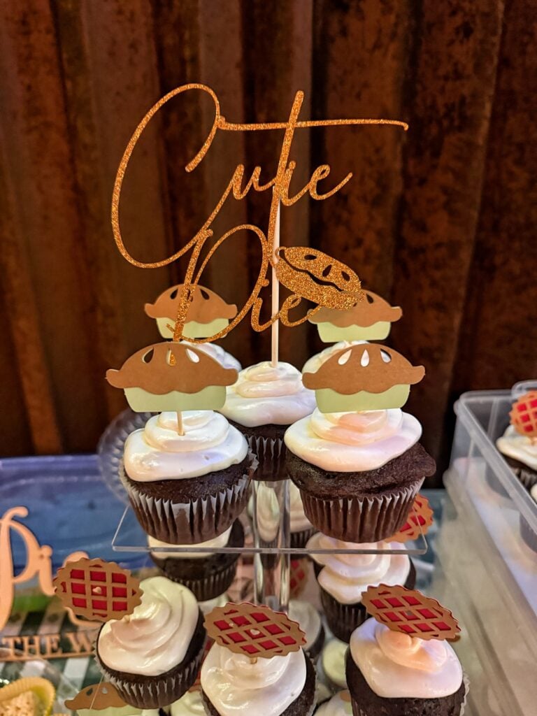 Chocolate baby shower cupcakes decorated with Cutie Pie themed cupcake toppers