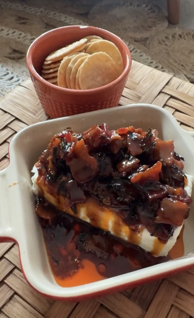 Chili Bacon Crunch Cream Cheese Spread ready to serve with crackers