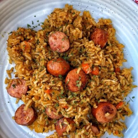 Cheddar Brat and Rice Bake on a plate