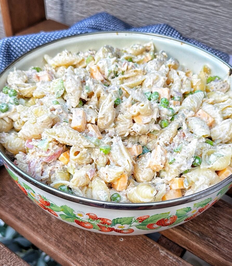 Creamy tuna noodle pasta salad after chilling overnight