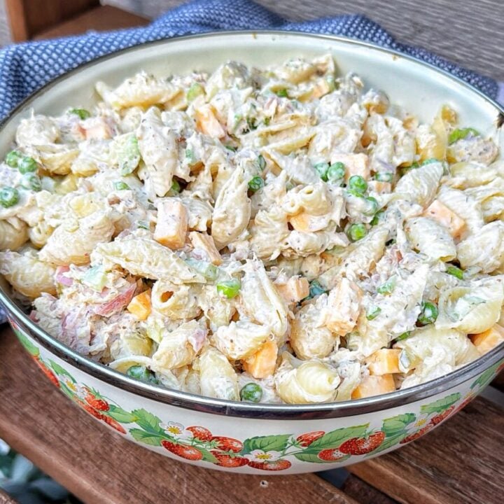 Creamy tuna noodle pasta salad after chilling overnight