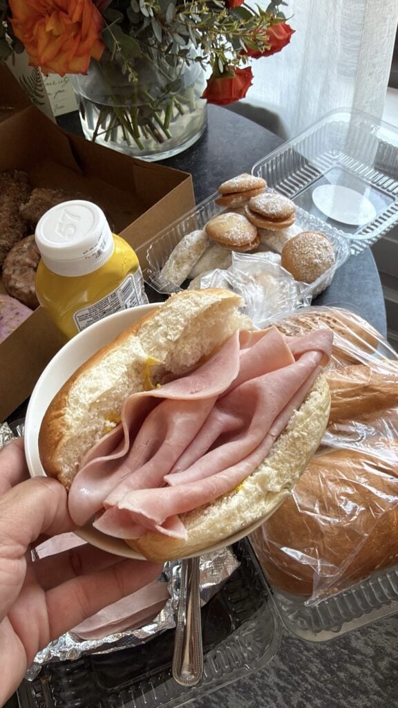 The inside of a ham sandwich