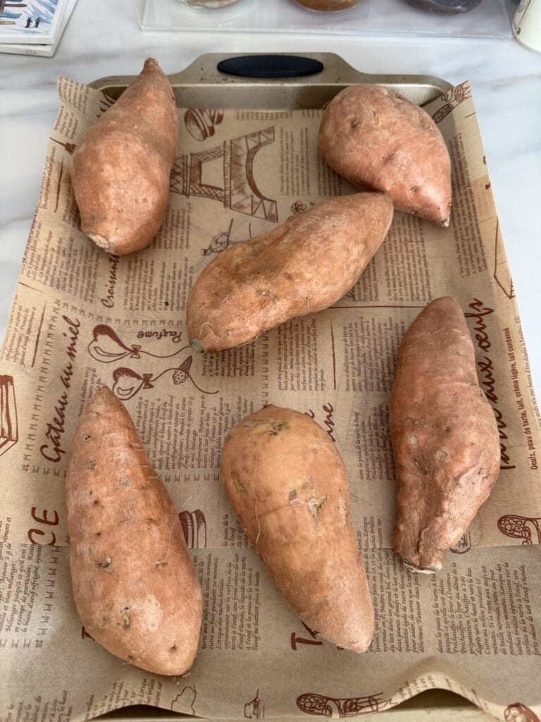 Sweet potatoes rubbed with olive oil and kosher salt before baking