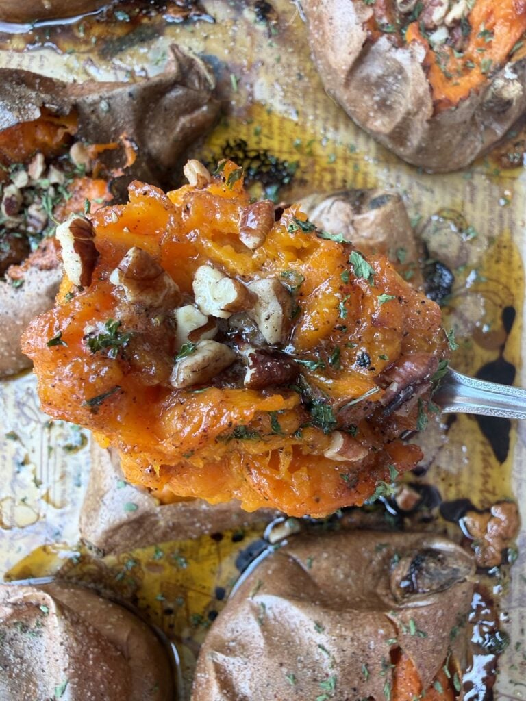 A spoonful of the loaded sweet potato