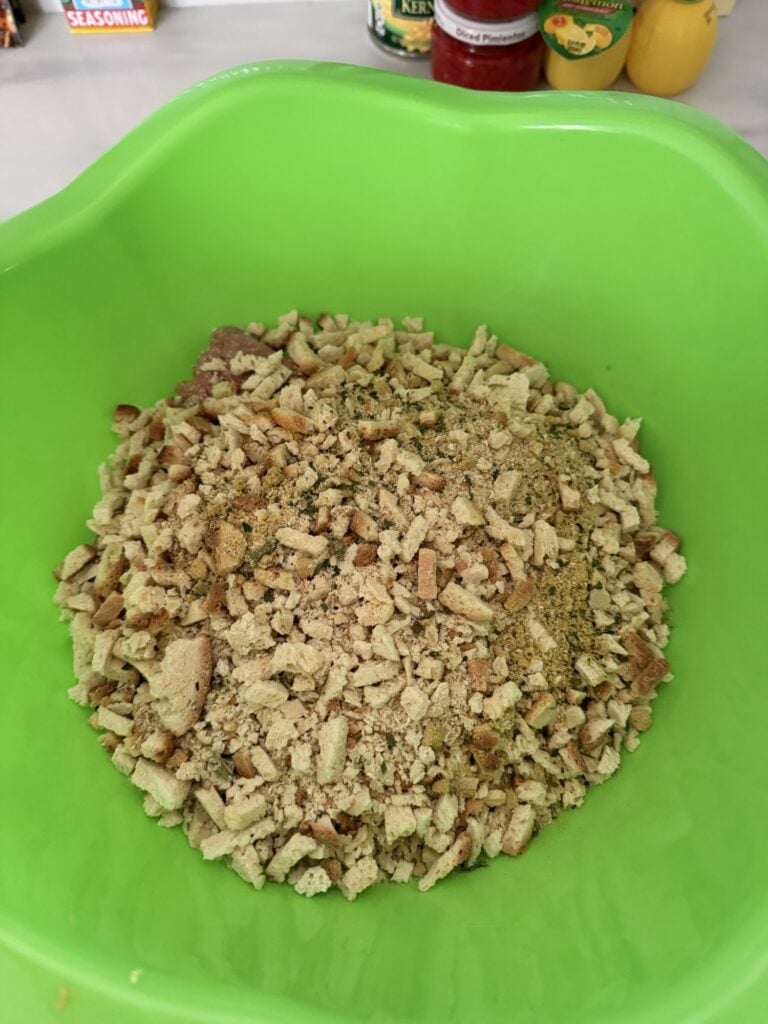 The stuffing mix in a bowl