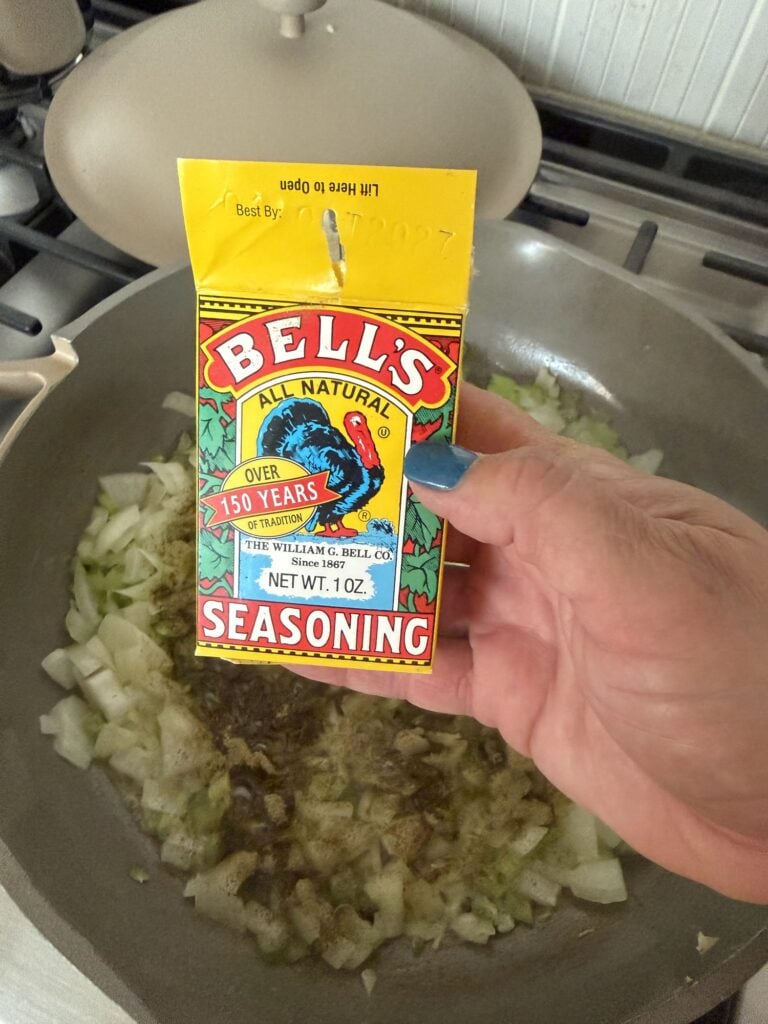 Bell’s Seasoning with celery onions and butter for homemade Thanksgiving stuffing.
