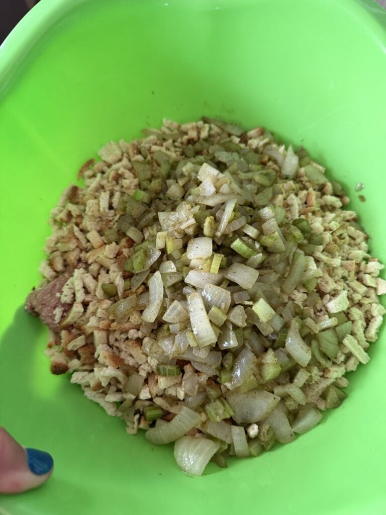 Finely diced celery and onions sautéed in butter for homemade stuffing.
