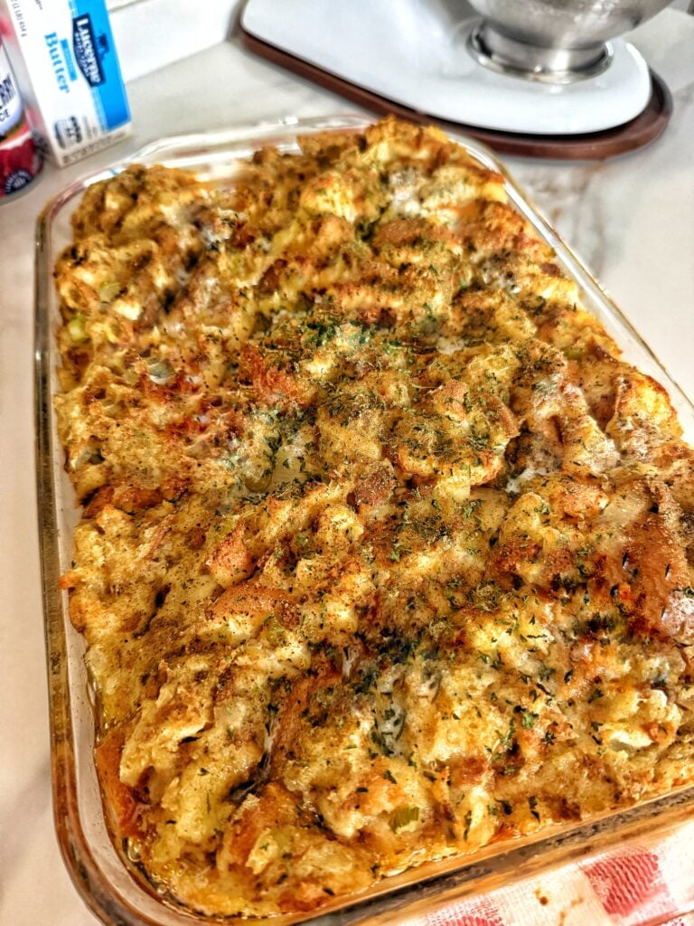 Make-ahead Bell’s Seasoning stuffing reheated and kept warm for Thanksgiving dinner.