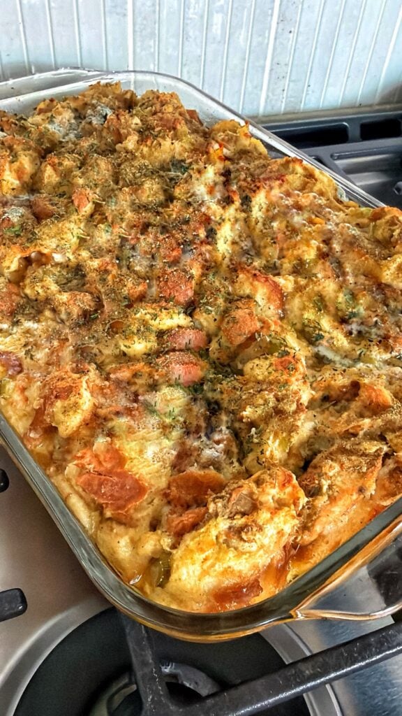 Bell’s Seasoning stuffing baked until golden brown with crispy edges and a soft fluffy center.