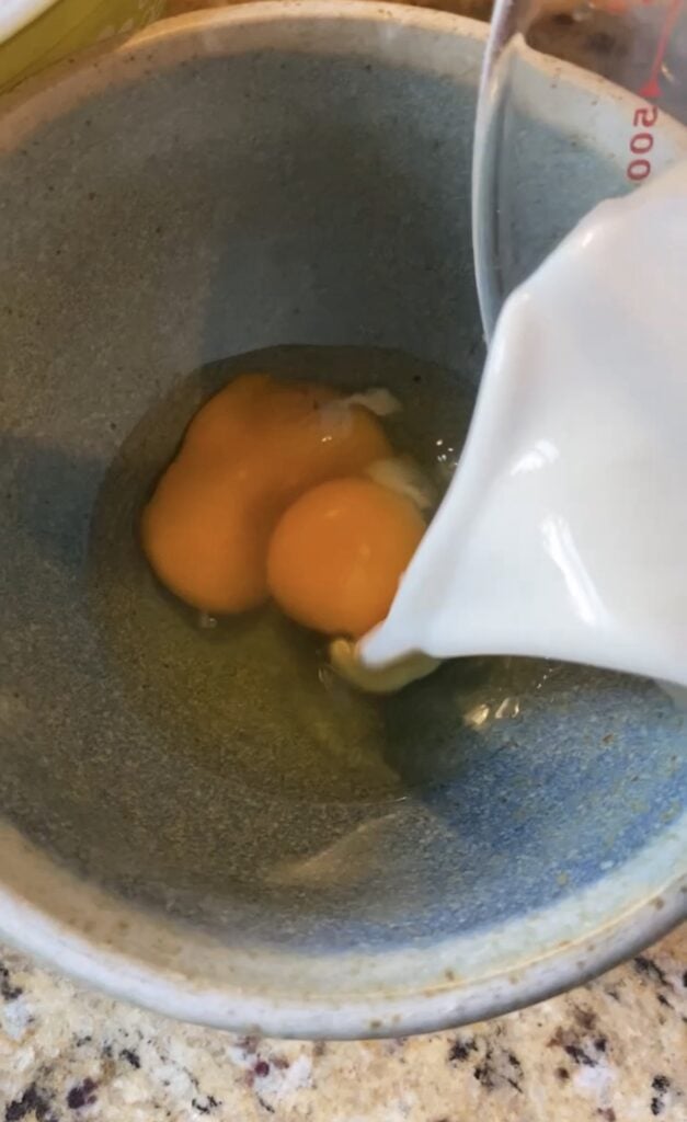 Heavy cream added to eggs for custard-style Thanksgiving stuffing.