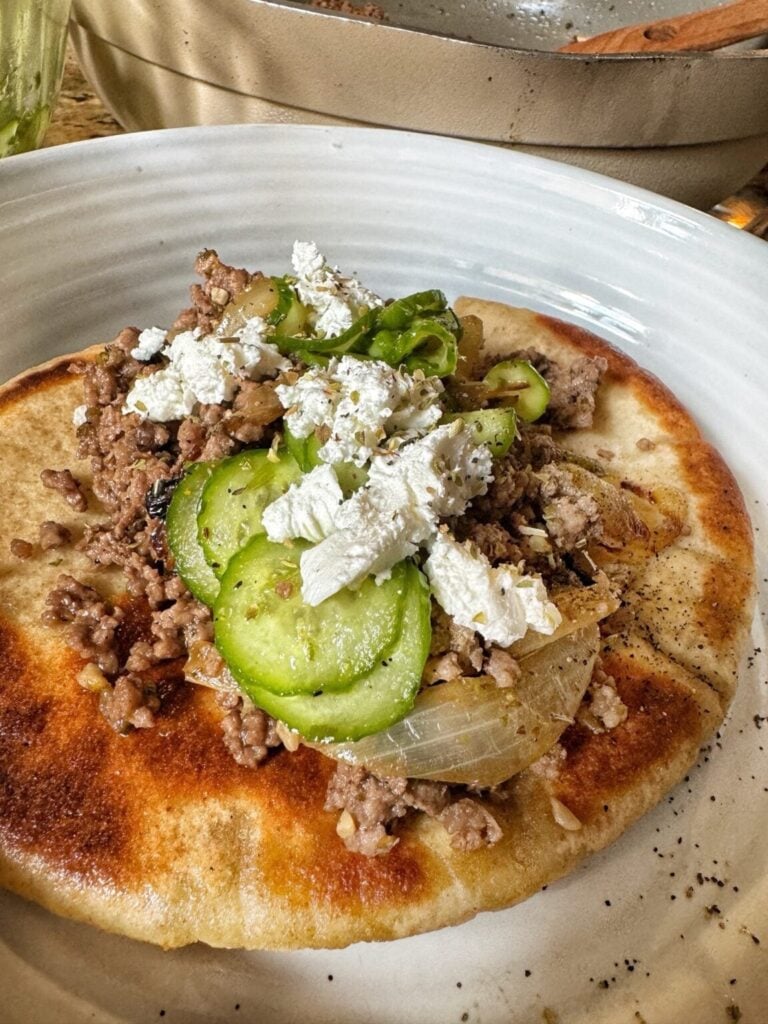 Mediterranean Inspired Hamburger Pitas with Peppers and Onions