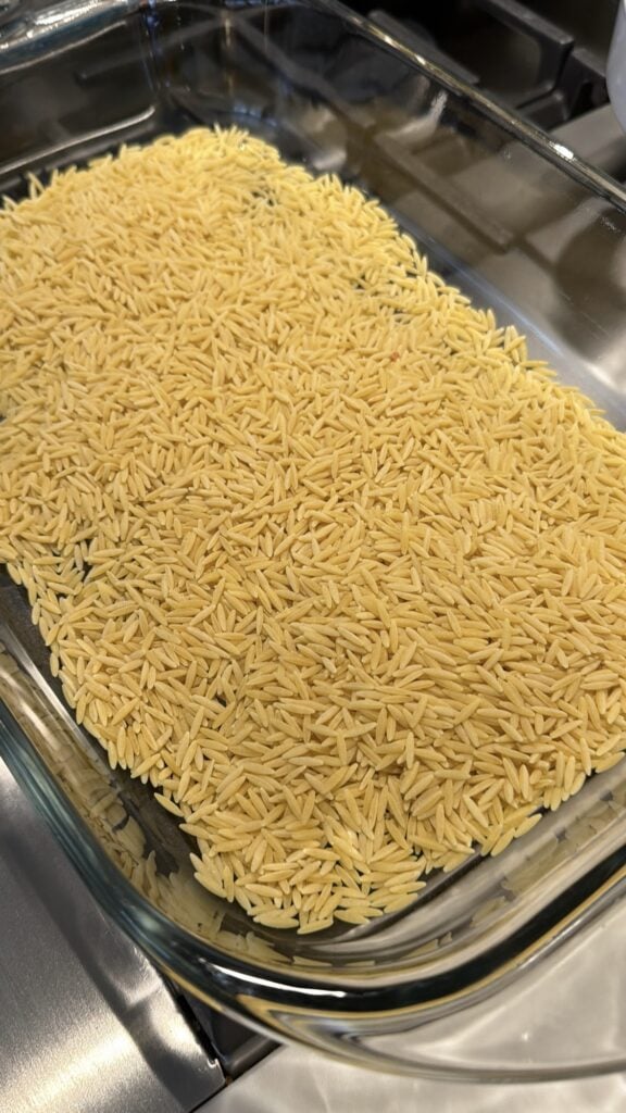 Orzo in a baking dish
