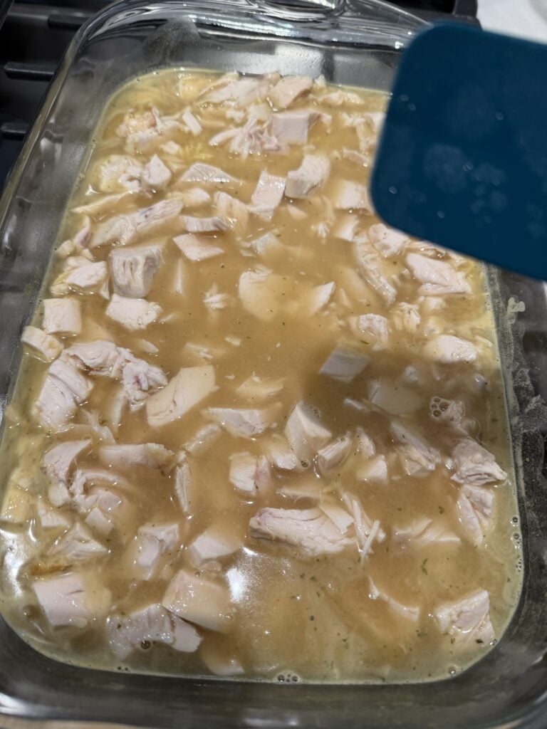 Pieces of chicken added to the broth mixture