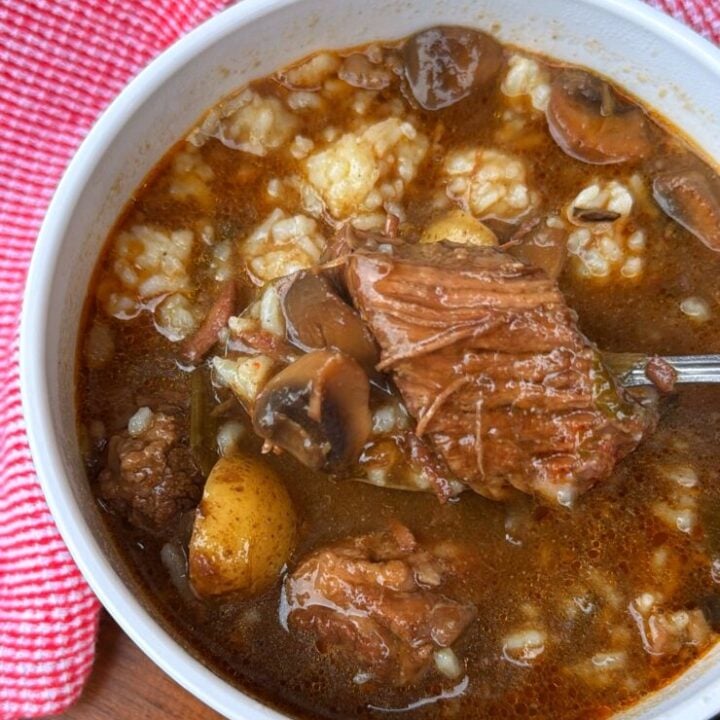 Bowl of spicy beef stew with potatoes, mushrooms, cocktail onions, and a spoonful of white rice