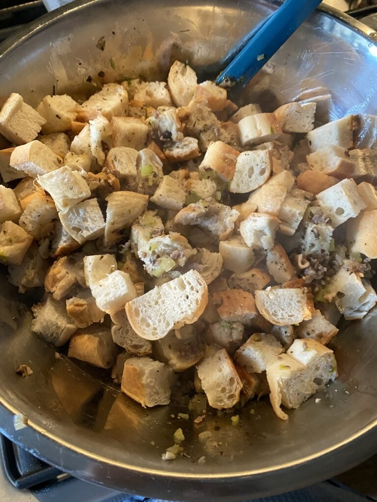 Cubed chewy French bread for homemade Thanksgiving stuffing