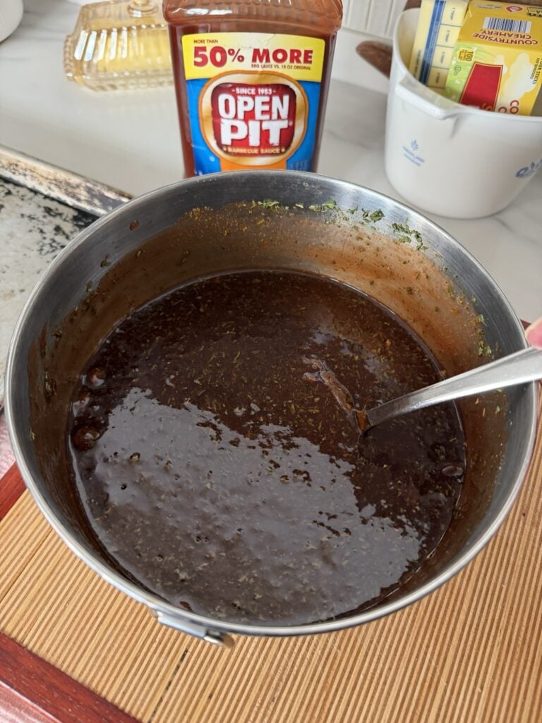 Open Pit Original barbecue sauce used for oven baked pork ribs