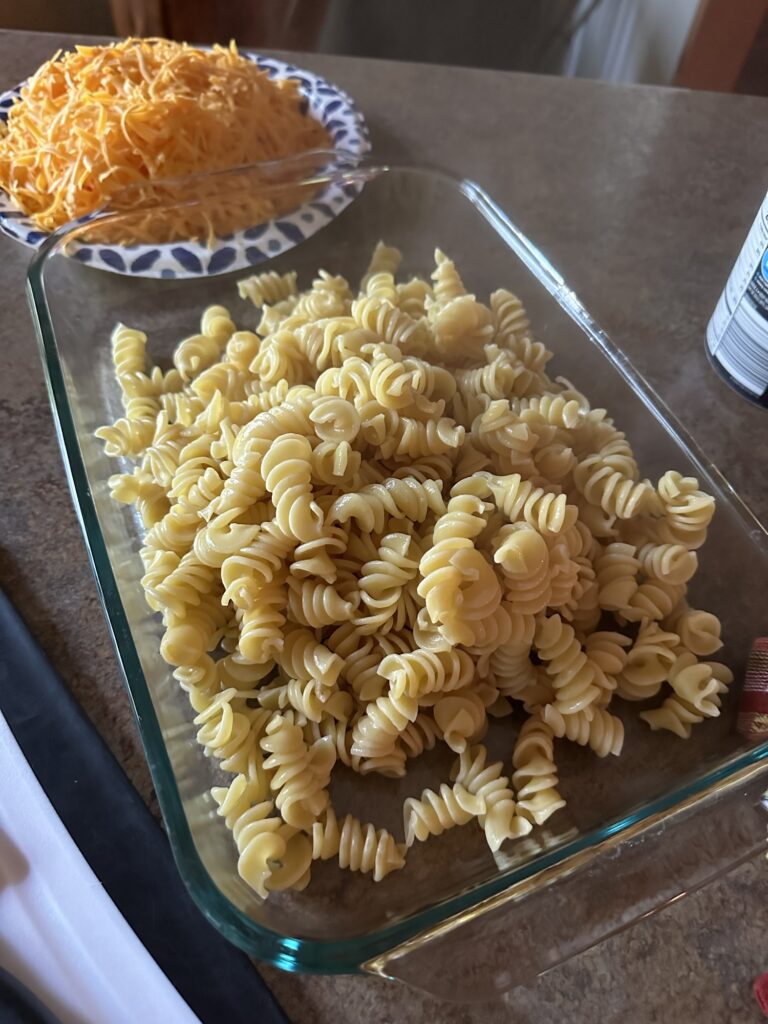 Rotini pasta used for creamy baked macaroni and cheese