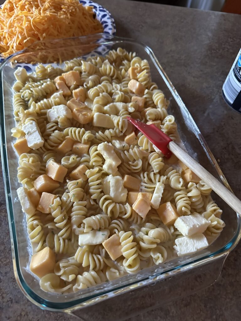 Decadent Macaroni and Cheese assembled and ready for the oven