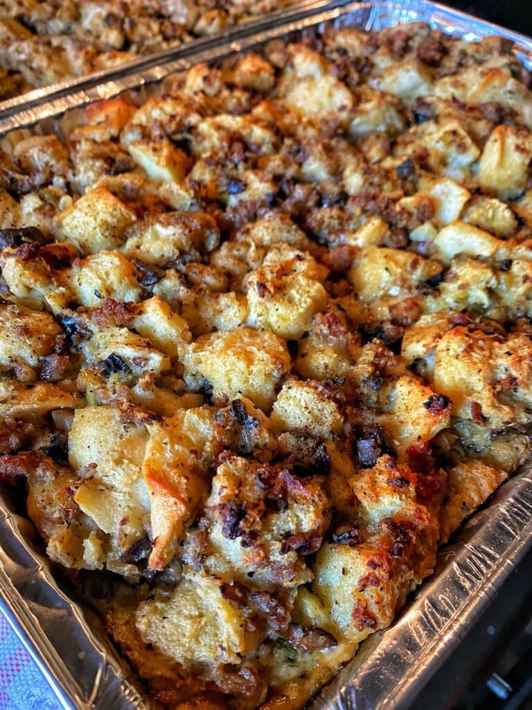 Crispy golden brown top of homemade sausage Thanksgiving stuffing