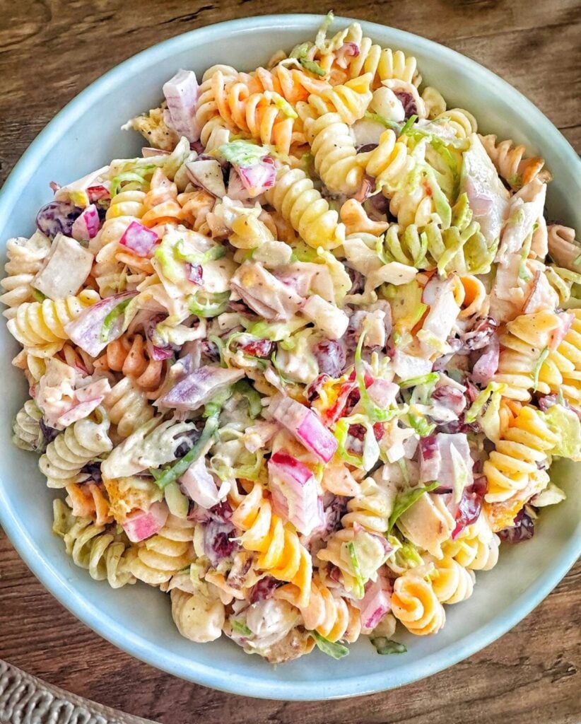a bowl of thanksgiving pasta salad