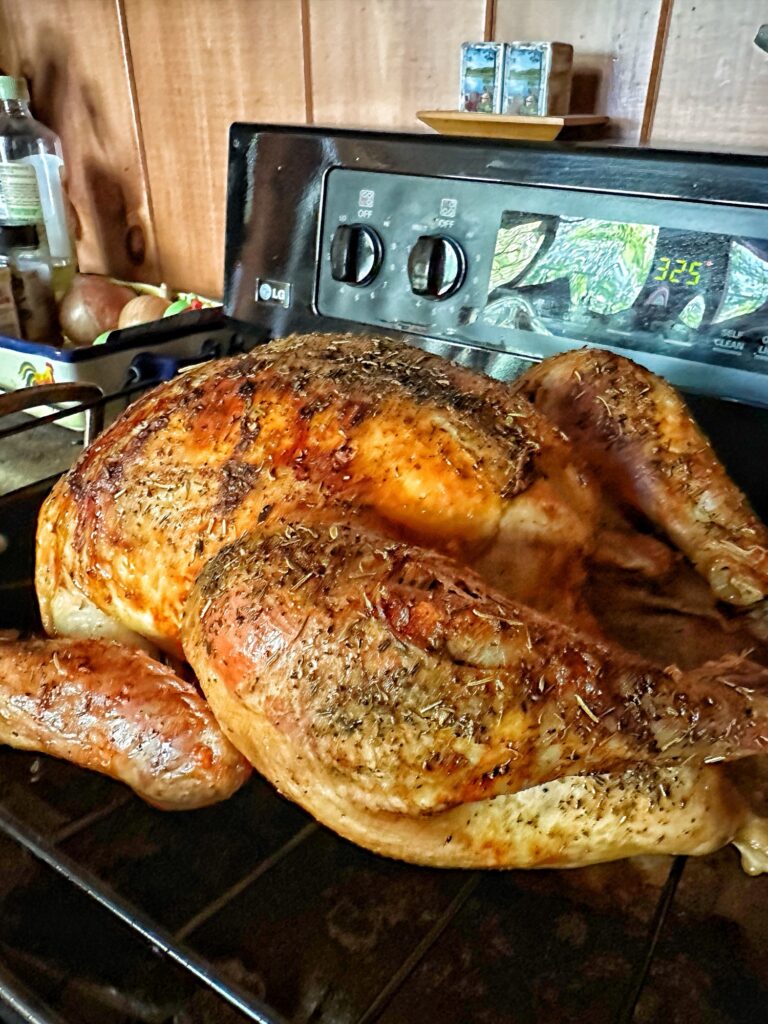 Golden brown Thanksgiving turkey resting before carving