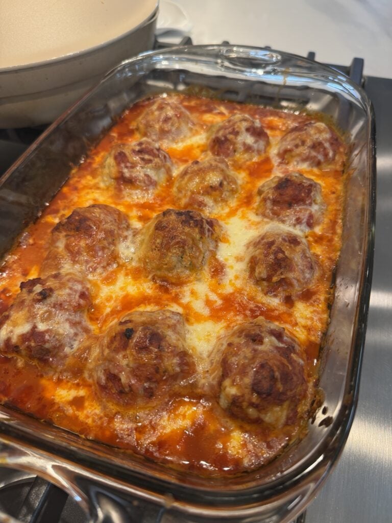 Cheesy baked Chicken Parmesan Meatballs in tomato sauce