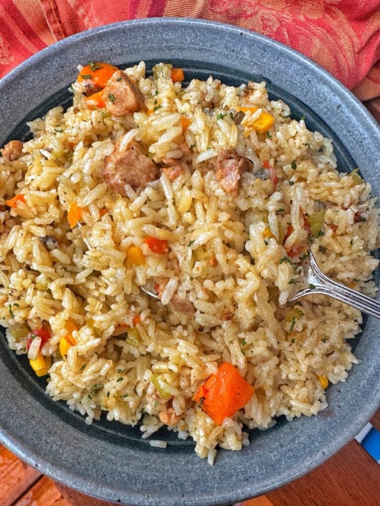 thanksgiving baked rice in a bowl