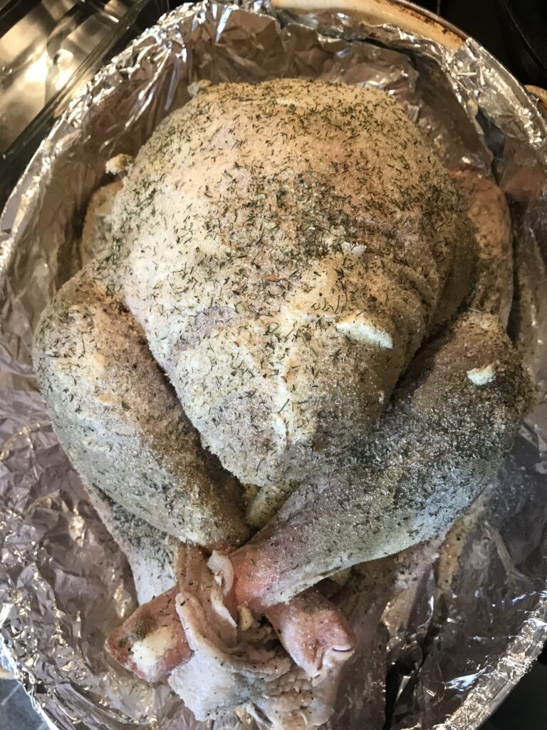 Thanksgiving turkey in a properly sized roasting pan before cooking