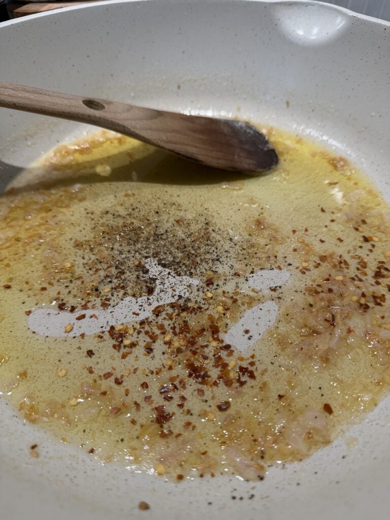 Butter and olive oil melting in a skillet for Worcestershire Butter Pasta