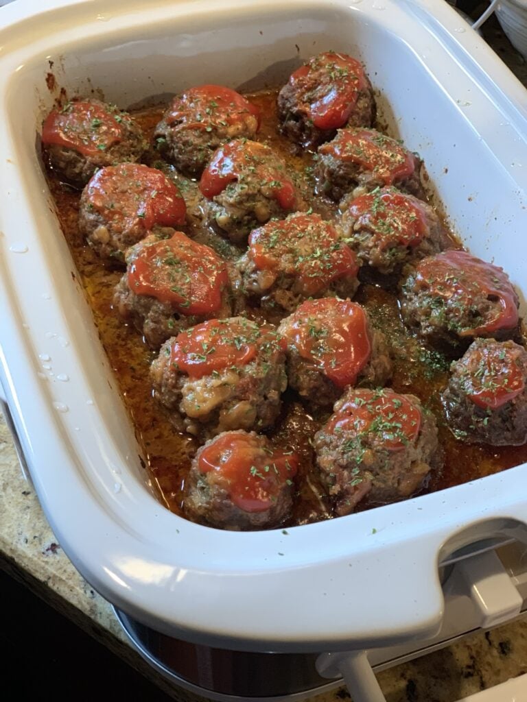 meatloaf meatballs arranged in a 9 x 13 baking dish