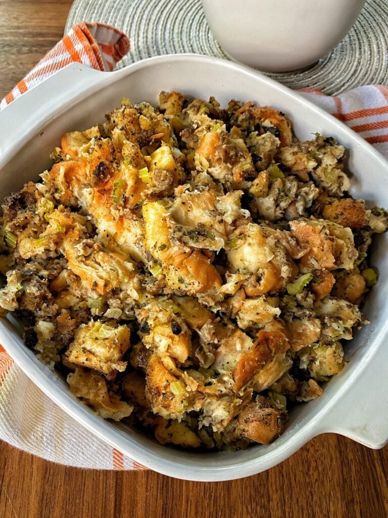 a small baking dish with the classic stuffing in it.