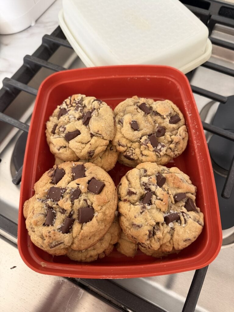 Jumbo chocolate chip cookies packed for a football team dinner or game day dessert.
