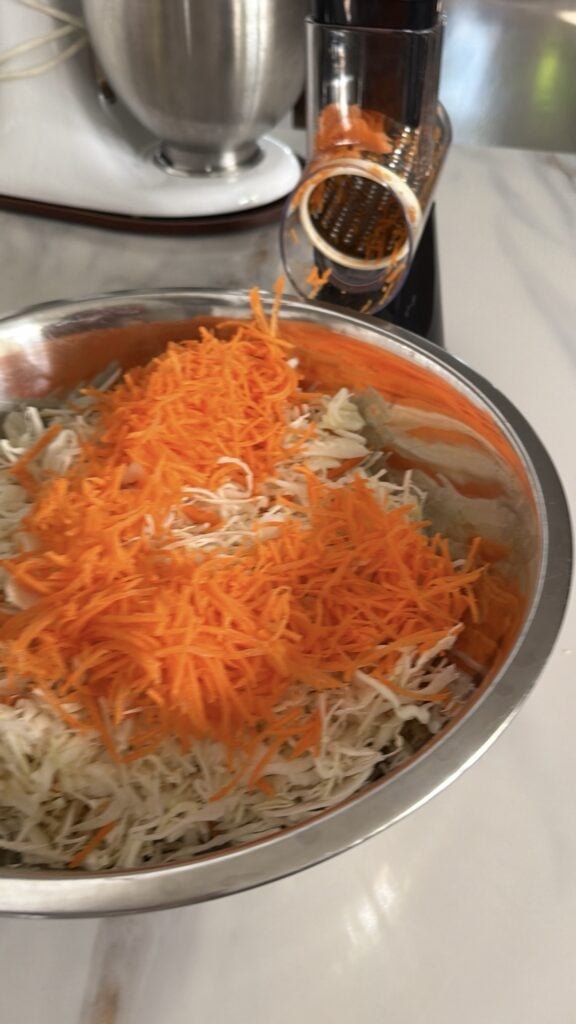 Green cabbage, carrot and onion finely chopped into small pieces for homemade coleslaw