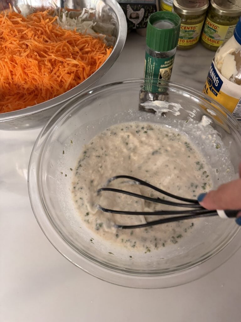 Creamy coleslaw dressing whisked together with mayonnaise, buttermilk, milk and vinegar