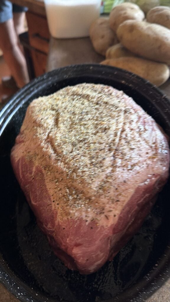 Pork shoulder positioned with the fat cap facing up before slow roasting.