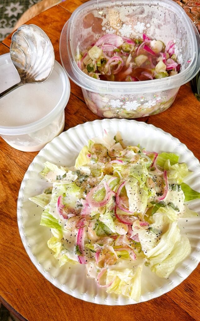 Old-Fashioned Creamy Lettuce Salad with cucumber, red onion, and homemade creamy dressing
