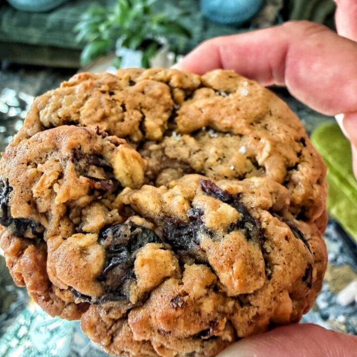 a perfectly baked oatmeal raisin cookie being held up