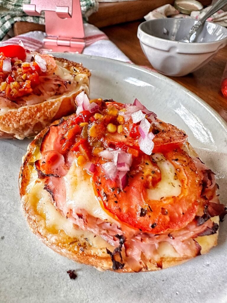 open face ham and cheese sandwiches toasted with onions and hoagie pepper spread