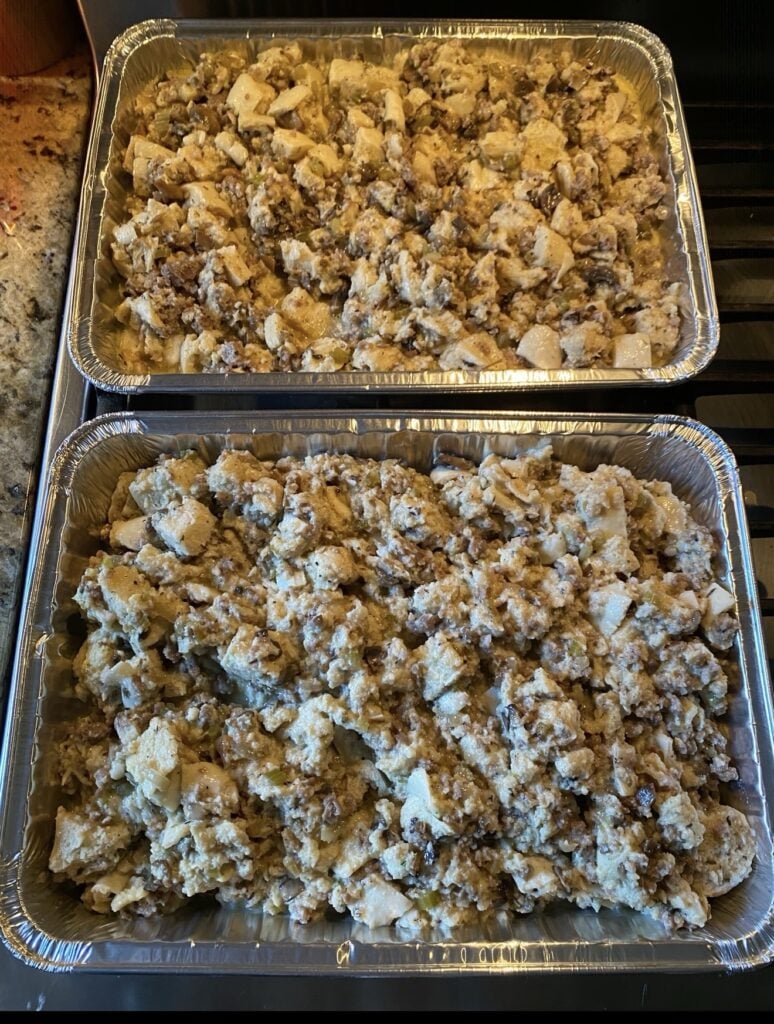 Moist sausage and French bread stuffing mixture before baking