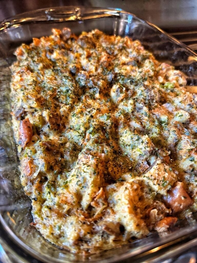 a pan of white castle stuffing made with white castle hamburgers