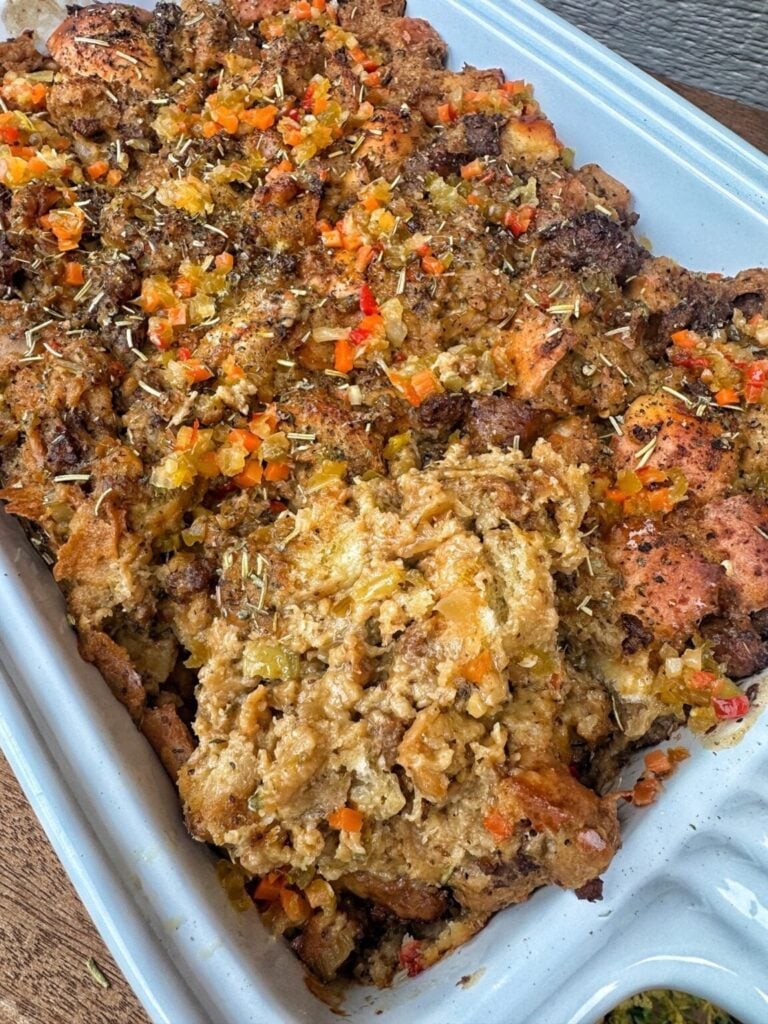 a tray of Chicago style stuffing made with sausage and relish baked up with crispy brown bits on top