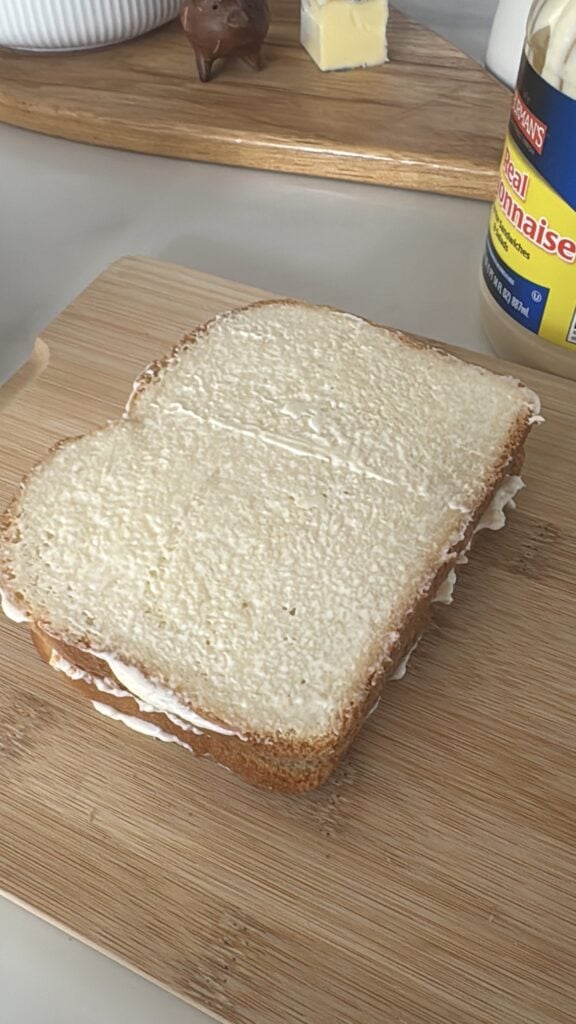 Mayonnaise used on bread for a golden grilled cheese sandwich