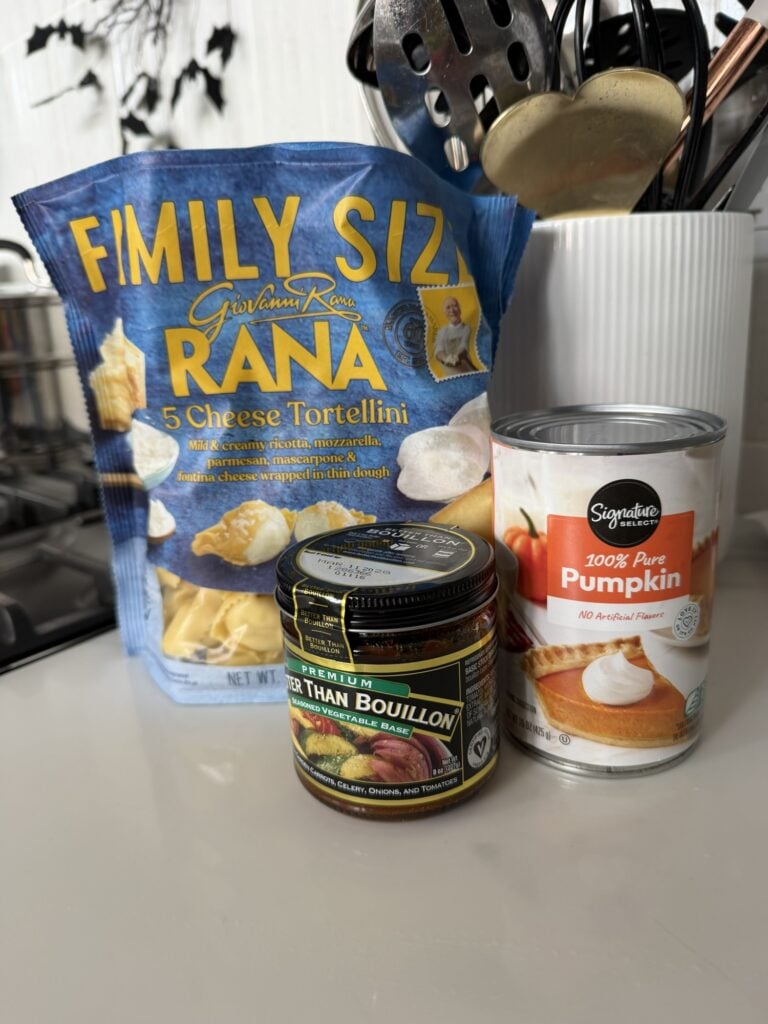 a bag of rana brand tortellini, a can of pumpkin and a jar of better than bouillon for the soup ingredients