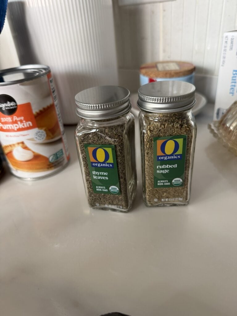 bottles of sage and thyme for the soup