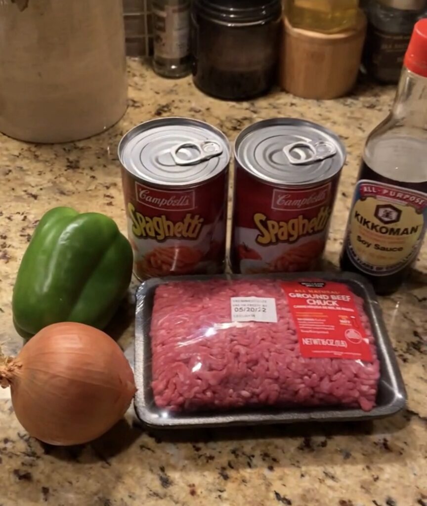 Ingredients for easy Dad's Spaghetti with canned spaghetti and ground beef

