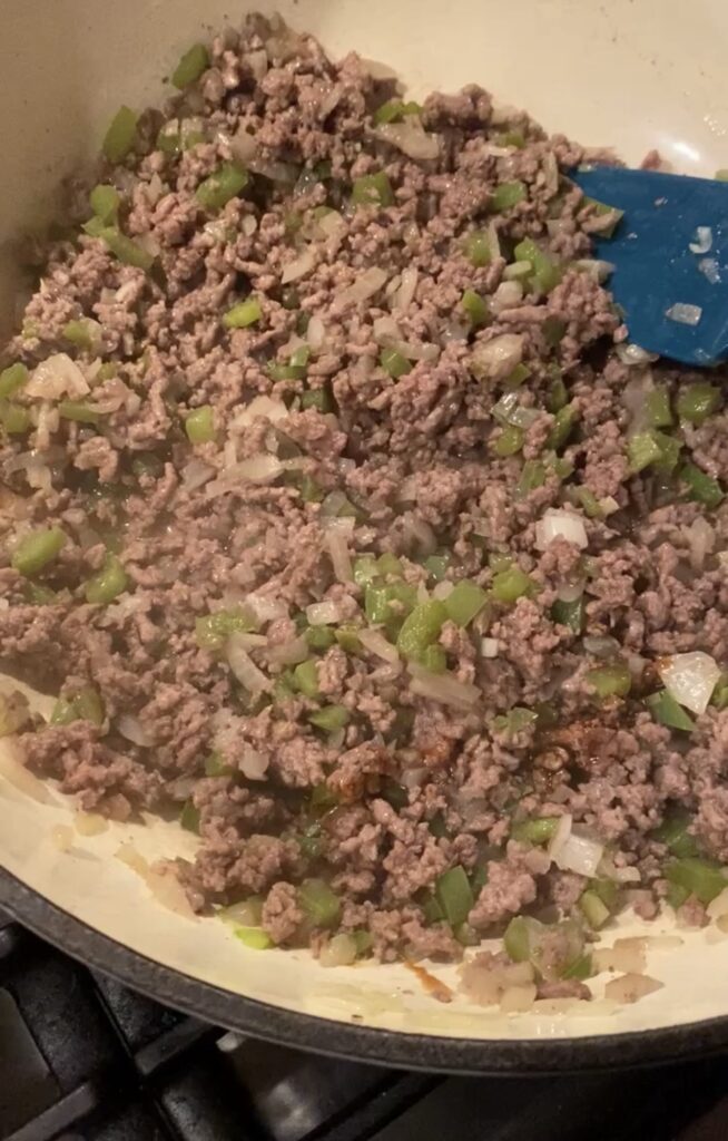 Ground beef green peppers and onions cooking for Dad's Spaghetti

