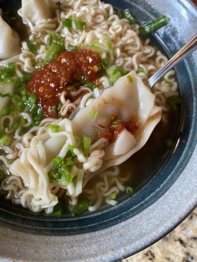 a bowl with ramen noodles, dumplings, topped with green onions and chili