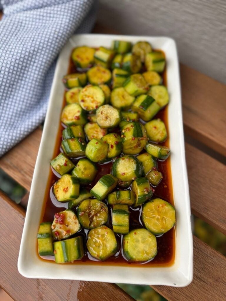 cucumber chunks with a chili crisp dressing made with soy sauce