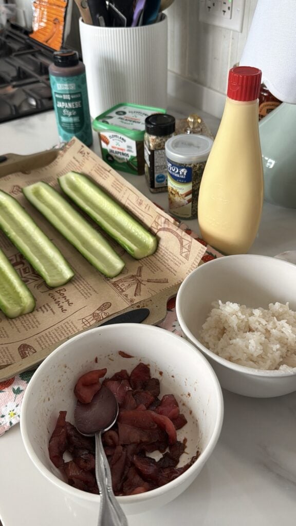 All the components of this recipe: rice, sushi tuna, cucumber, mayo, furikake, and Japanese barbecue